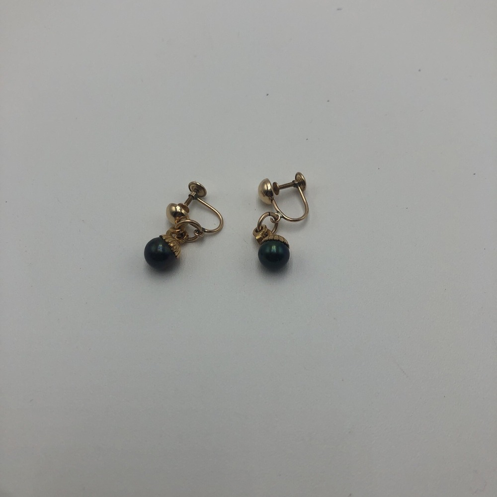 120 12k GF Earrings Faux Black Pearls Danglers Vintage Rare Screw‎ On No Marker